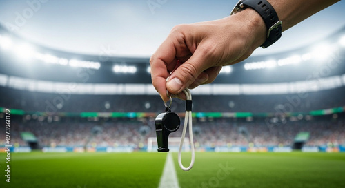 Referee Hand Holding Whistle at Sports Stadium