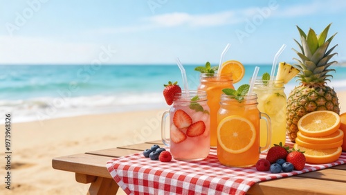 Beach drinks with fruits and pineapple