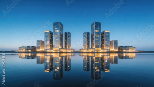 Modern skyscrapers at dusk with water reflection