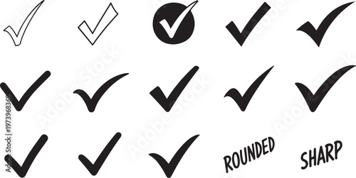 Checkmarks and ticks in various styles and shapes collection