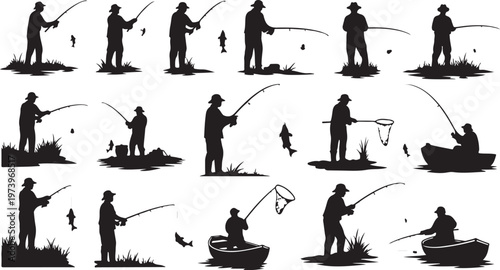 Silhouette of people fishing in various poses and settings