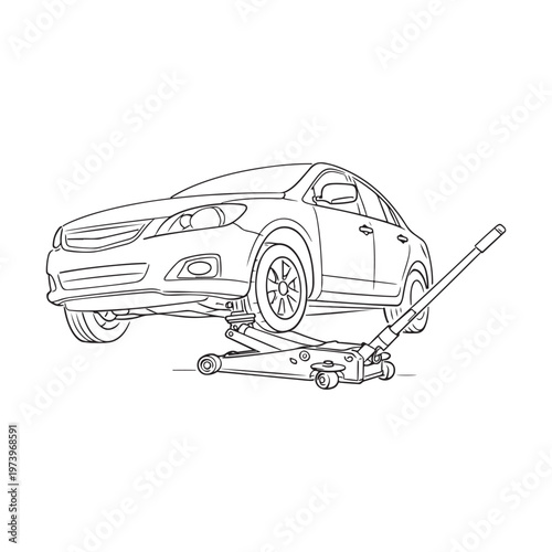 A line drawing of a modern sedan car being lifted by a hydraulic floor jack for maintenance
