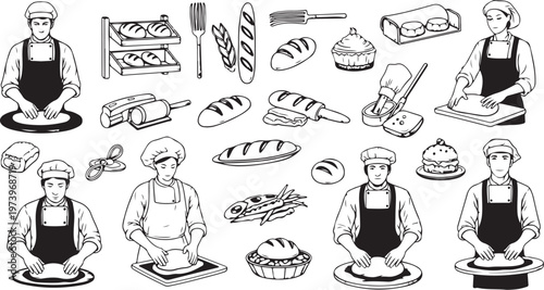 Bakers at work with various bread and pastries illustration
