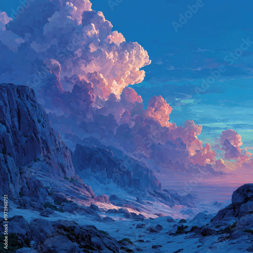 Dramatic mountain landscape with glowing clouds fantasy cinematic scenery