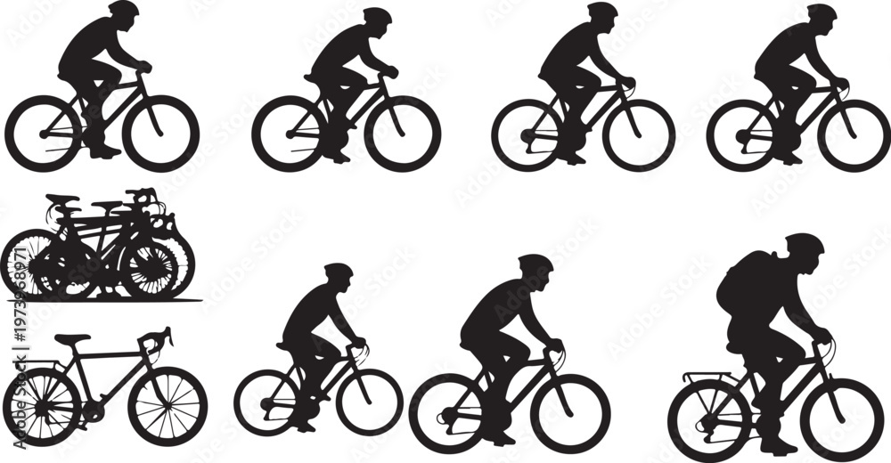 Obraz premium Silhouettes of cyclists riding bicycles in various dynamic poses