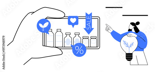 Online shopping, e-commerce, eco-friendly products, marketing campaigns, sales promotions, digital retail. A smartphone displaying products with icons and a person holding a bulb. Online shopping