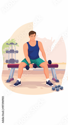 Man Training in Gym Set with Treadmill Dumbbell Workout and Boxing Exercise Flat Illustration