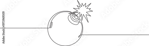 Explosive Weapons Continuous One Line Drawing Bomb, Grenade, Dynamite Illustration,Bomb with burning fuse in one Continuous line drawing. Stress explosion and boom concept with fire wick