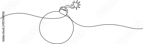 Explosive Weapons Continuous One Line Drawing Bomb, Grenade, Dynamite Illustration,Bomb with burning fuse in one Continuous line drawing. Stress explosion and boom concept with fire wick
