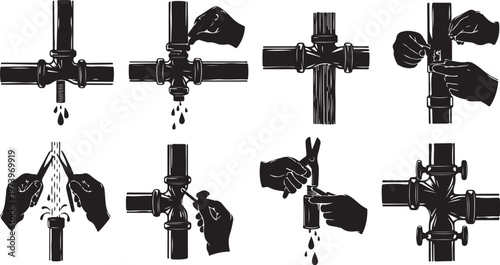 Black and white illustrations of hands turning faucet handles