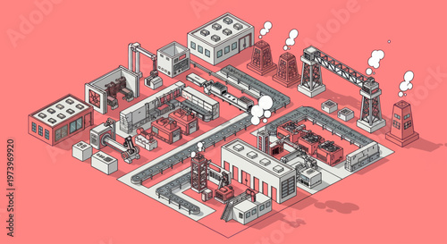 Isometric Industrial Factory with Production Lines and Buildings.