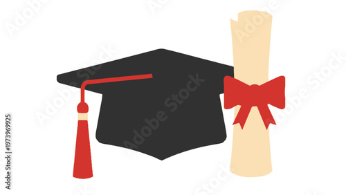 Black graduation cap with red tassel and rolled diploma scroll tied with a red ribbon isolated on white background