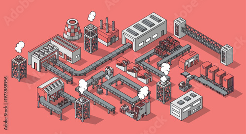 Isometric Industrial Factory with Production Lines and Machinery.
