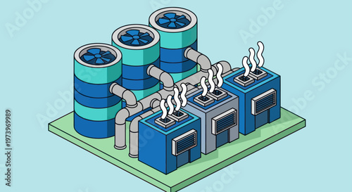 Isometric Industrial Plant with Cooling Towers and Smokestacks.