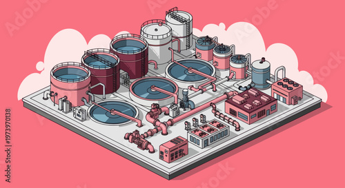 Isometric Industrial Water Treatment Plant Illustration.