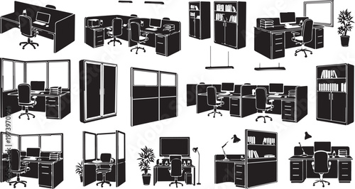 Various office setups with cubicles and workstations illustrated