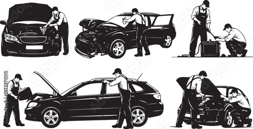 Mechanic working on a damaged car in various positions