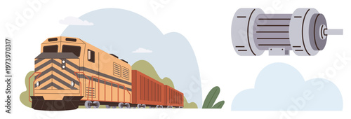 Industrial transport, engineering, energy, logistics, automation, heavy machinery. Freight train with cargo car and electric motor. Industrial transport and engineering concepts