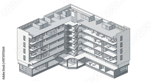 Isometric view of a modern apartment building with balconies and shops.