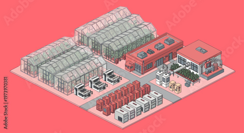 Isometric view of a modern agricultural complex with greenhouses and processing facilities.