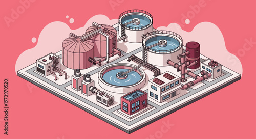Isometric Water Treatment Plant with Tanks and Industrial Equipment.