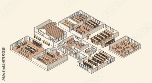 Isometric view of a multi-room building interior with various furniture layouts.