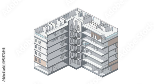 Modern Apartment Building Architectural Design Isometric View.