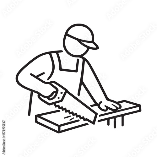 line art illustration of a carpenter sawing a piece of wood on a workbench on white background