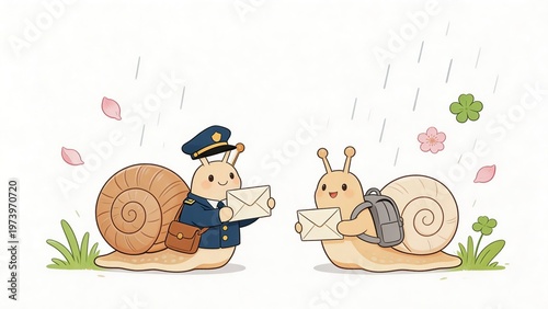 Two cartoon snails delivering mail in rain