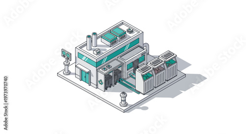 Modern Industrial Building with Solar Panels and Cooling Systems.