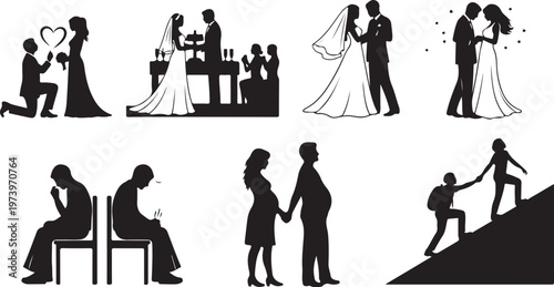 Silhouettes of romantic couples in various loving relationships scenes