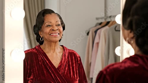 Woman getting ready in front mirror.