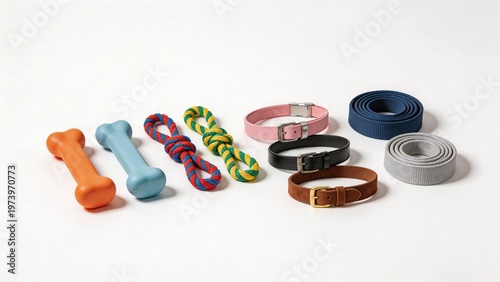Dog accessories on white background
