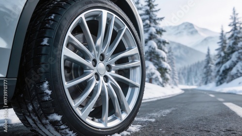 Car wheel on snowy mountain road