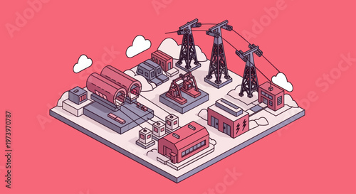 Modern industrial complex with power transmission towers and buildings.