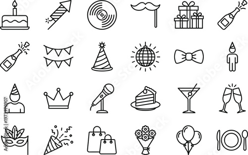 A collection of simple black and white line icons depicts various celebratory elements like cake confetti gifts and party accessories high quality professional detailed modern elegant