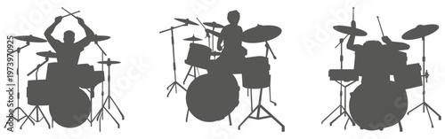 Drummer silhouette set playing drum kit – musician band performance illustration