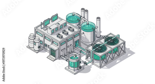 Modern Industrial Factory Building with Tanks and Equipment.