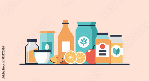 This minimalist vector illustration depicts an assortment of packaged food products and fresh fruit slices on a plain, light pink background.