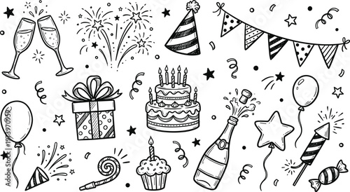 A cheerful hand drawn illustration depicts various party elements like champagne glasses a cake balloons and fireworks celebrating a special occasion high quality professional detailed modern