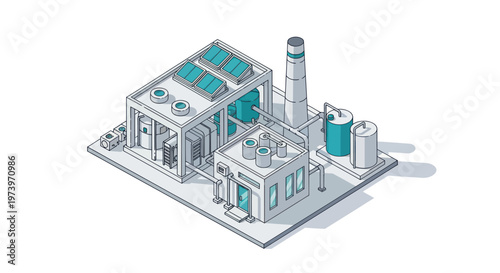 Modern Industrial Factory with Solar Panels and Smokestack.