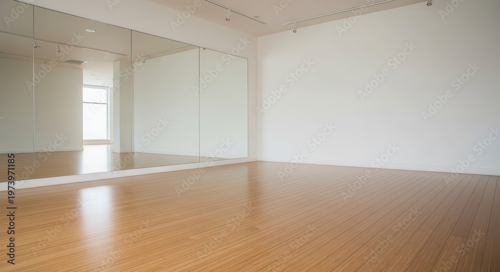 Fototapeta premium Empty room features large wall mirrors and polished wooden flooring.