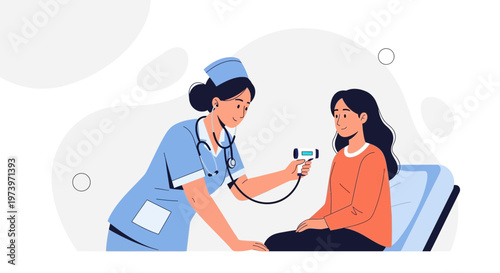 Nurse checking patient's temperature with thermometer, medical check-up illustration