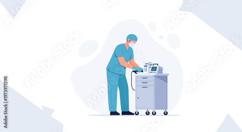 Doctor in medical uniform operating medical equipment on a cart