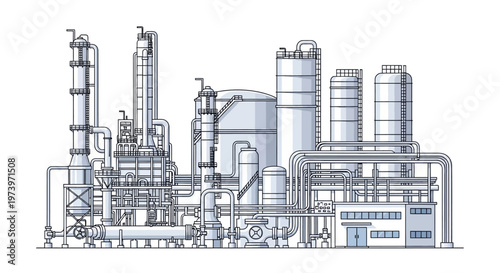Detailed vector illustration depicting an oil and gas energy infrastructure plant, showcasing complex industrial design and technology with various pipes, tanks, and towers against a clean