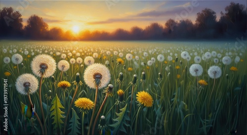 Dandelion flowers bloom in a lush meadow during a peaceful sunset.