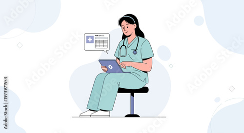 Nurse with Stethoscope Using Laptop and Medical Chart, Healthcare Technology Concept