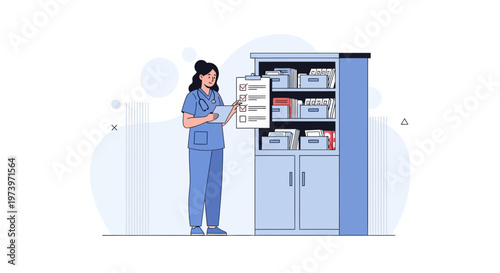 Nurse checking checklist near medical cabinet with files and folders