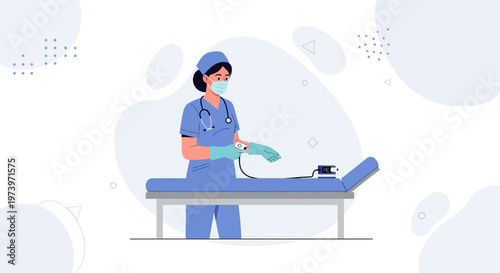 Nurse in uniform and mask checks patient's vital signs on examination table