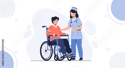 Nurse assisting patient in wheelchair, healthcare concept illustration